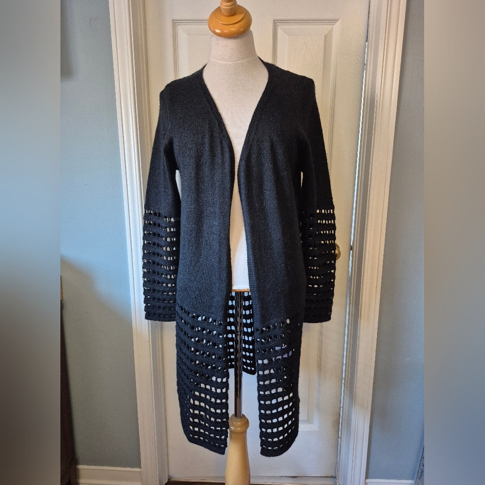 Black Open-Front Cardigan with Geometric Detailing